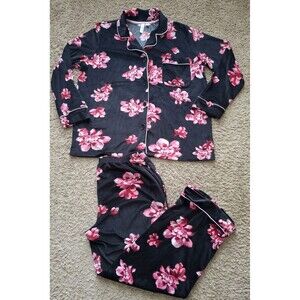 Joyspun Super Soft Velour Pajama Set  Large 12/14 Black Pink Floral Print New